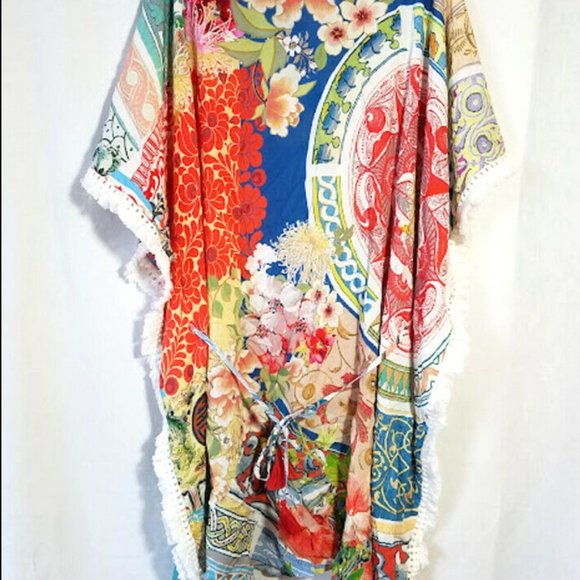 Johnny Was Boho Tunic Cover Up Fringed Floral Print Tassel Ties Kimono - Picture 4 of 6